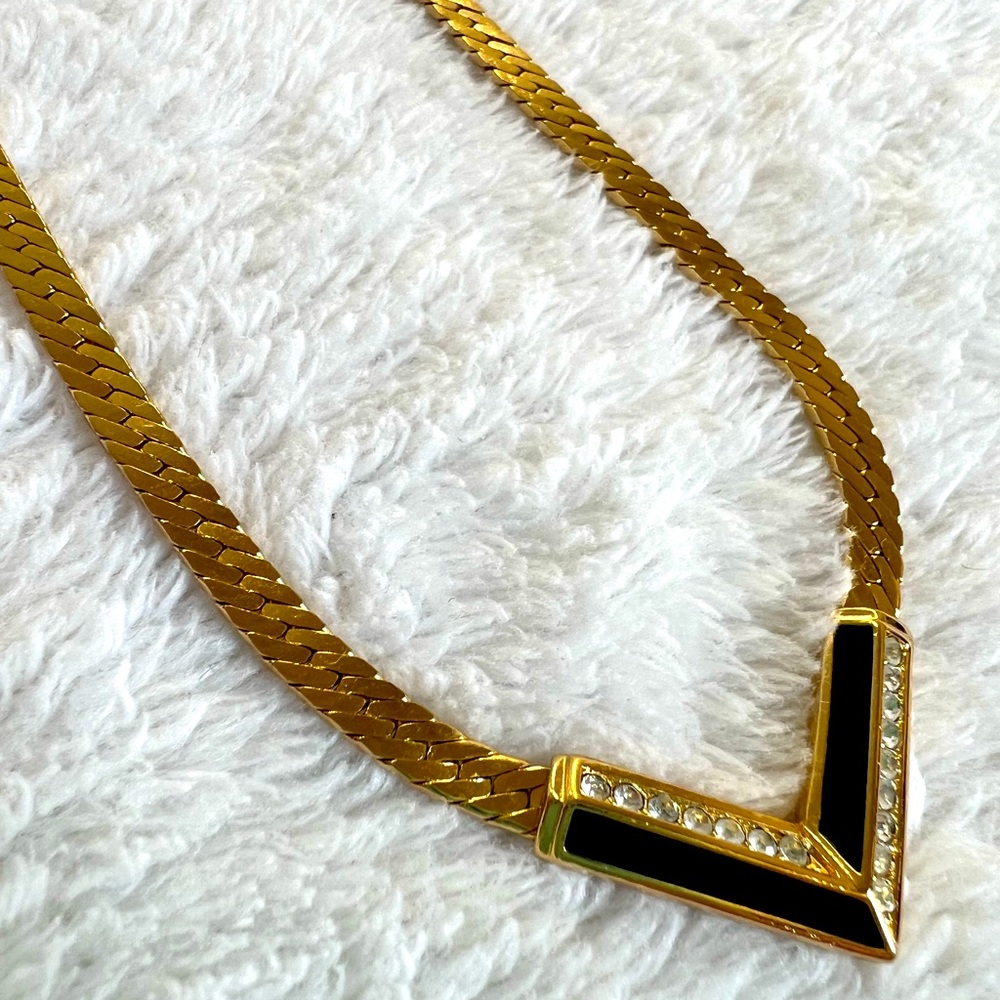 Christian Dior 18K gold plated vintage flat necklace with enamel and crystal - Picture 8 of 16